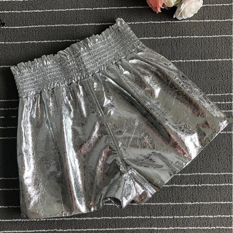 Street Silver Sheepskin Real Leather Shorts Women Elastic High Waist Casual A-Line Shorts Spring Autumn New Wide Leg Shorts