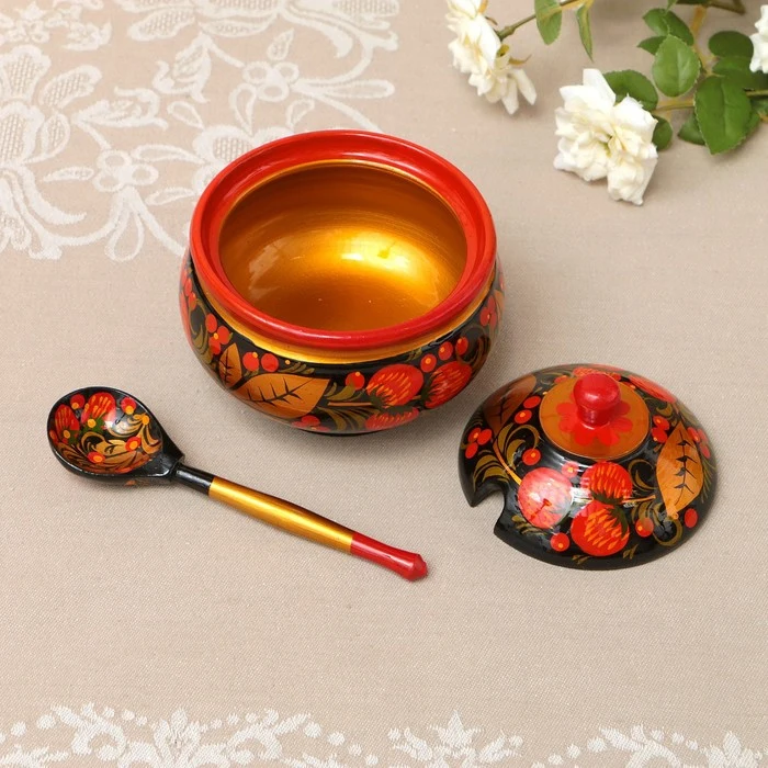 Сахарница Красивая с крышкой и ложкой 12×11 см хохлома 1229337 | Дом сад
