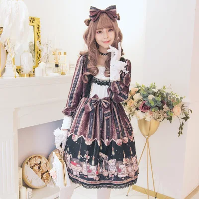 

JSK OP Gothic Lolita Maid Court Dress Punk Vintage Doll Elegant Printing Bowknot Height Waist Dress Lolita Cos costume Dress