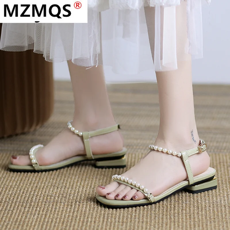 

2021 Fashion String Bead Sandals Summer Fairy Style Temperament Square Heeled Rome Shoes Women Sweet Pearl Low-Heel High Heels
