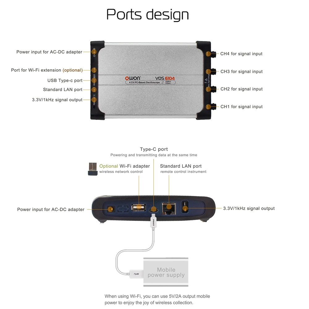 Цифровой Виртуальный осциллограф OWON 4 канала 8 бит 70 МГц 100 1 Гвыб/с USB Type-C 5-15 в 10 м