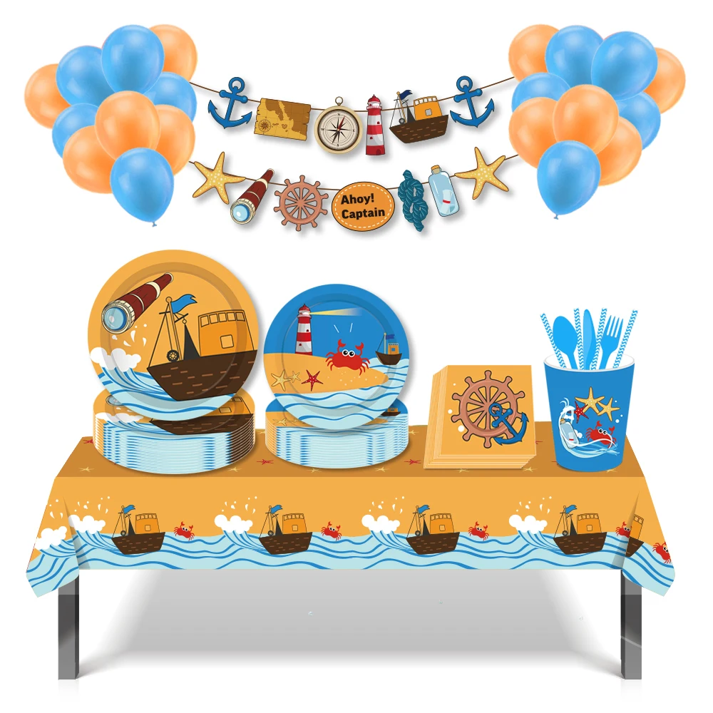 Sea Party Cosplay Disposable Tableware Set Ocean Sailing Party Holiday Party for 8 guests Baby Boy Birthday Party Supplies