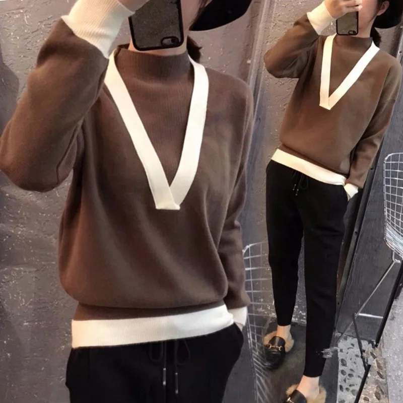 Зимний вязаный свитер размера плюс L-4XL Женский пуловер с воротником средней