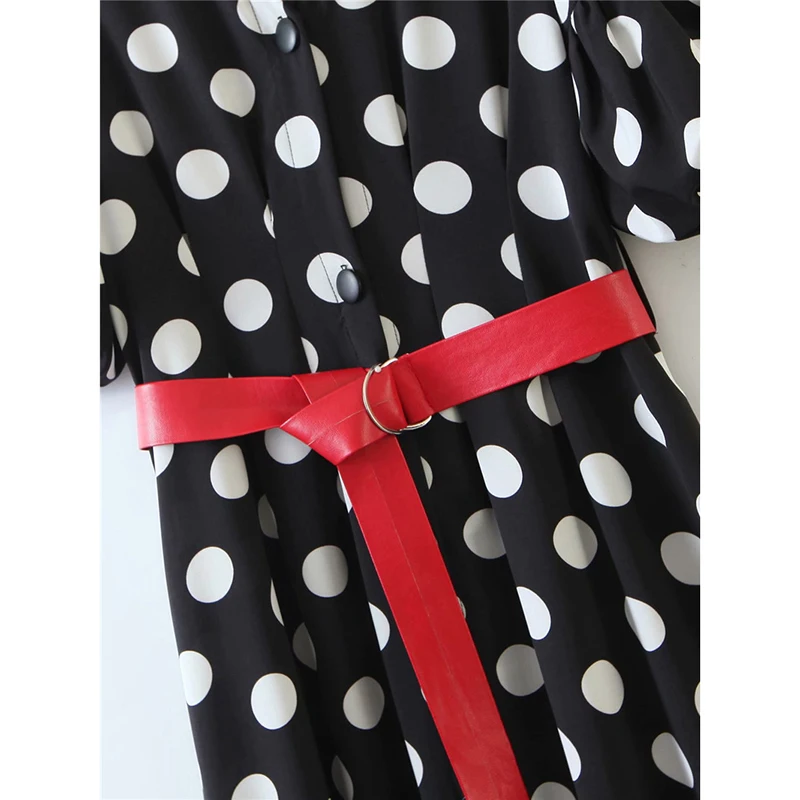 Женское длинное платье в горошек черное Za с красным поясом шикарное женское