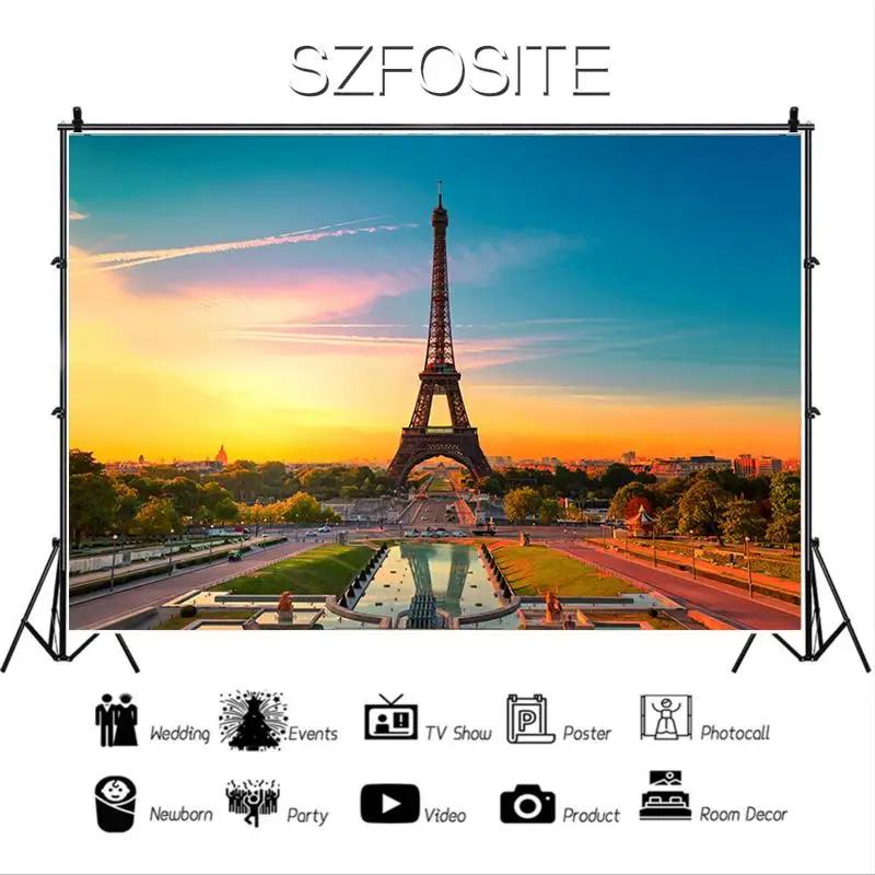 Виниловый фон для фотосъемки с изображением красивой Эйфелевой башни и заката