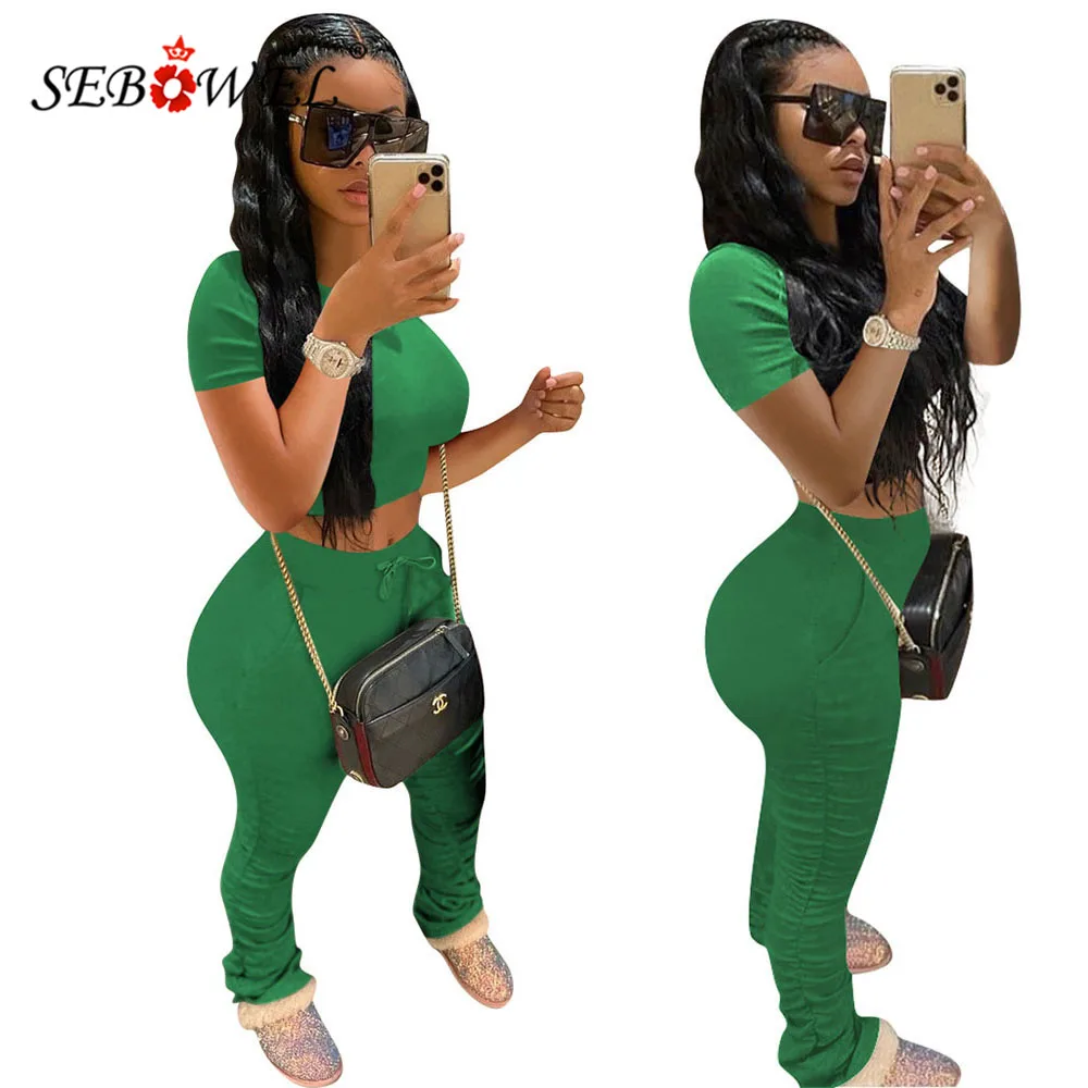 

SEBOWEL Women's Solid Color Short Sleeve Trousers Sports Suit Casual Cropped Top + Folds Pants Sets for Female Summer S-XXL