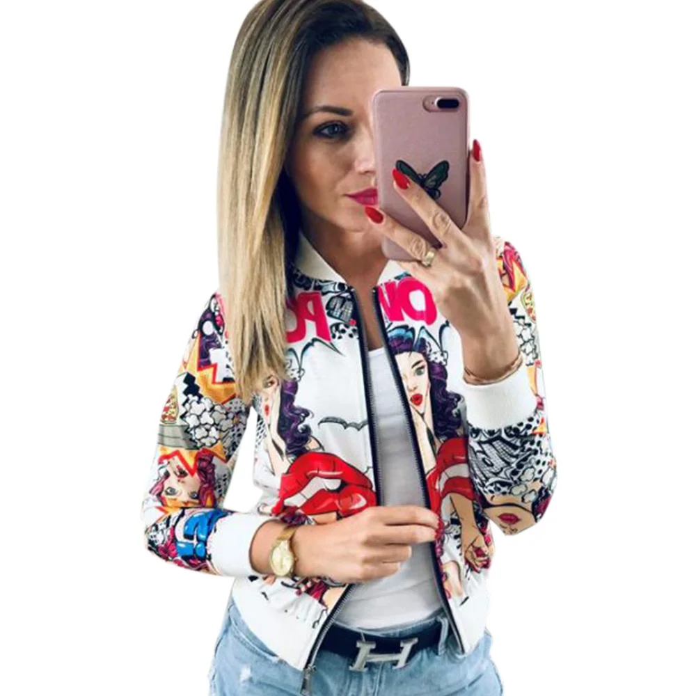 

Women Fashion Jacket Long Sleeve O Neck Print Zipper Outerwear Autumn Winter Ladies Coat High Street New Plus Size Slim