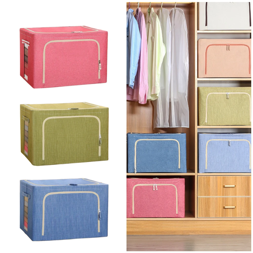 

Large Clothes Organizador Quilt Toys Storage Box Wardrobe Finishing Oxford Zipper Bag Cotton Linen Folded Washable 66L