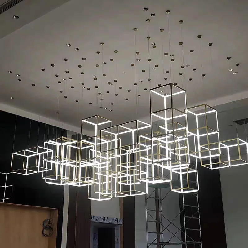 

Modern minimalist cubic chandelier custom hotel sales hall stainless steel chandelier