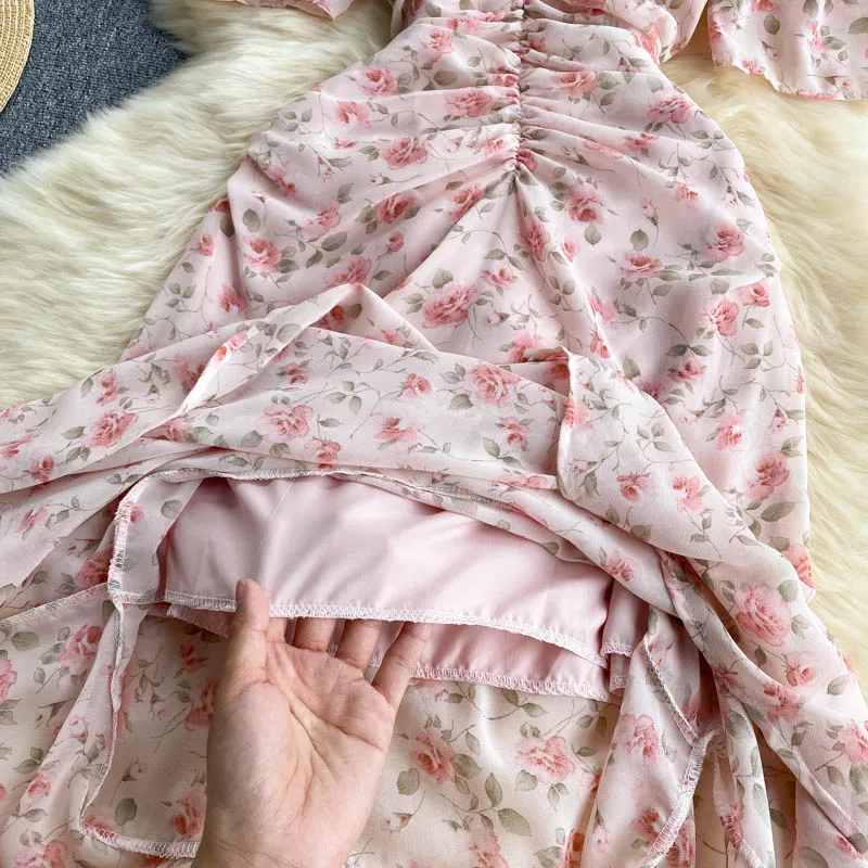 

Brand Pink Floral Print Dinner Dresses Short Sleeve Prom Party Dress Women Fishtail Sexy Pleat Bodycon Long Dress beads Vestido