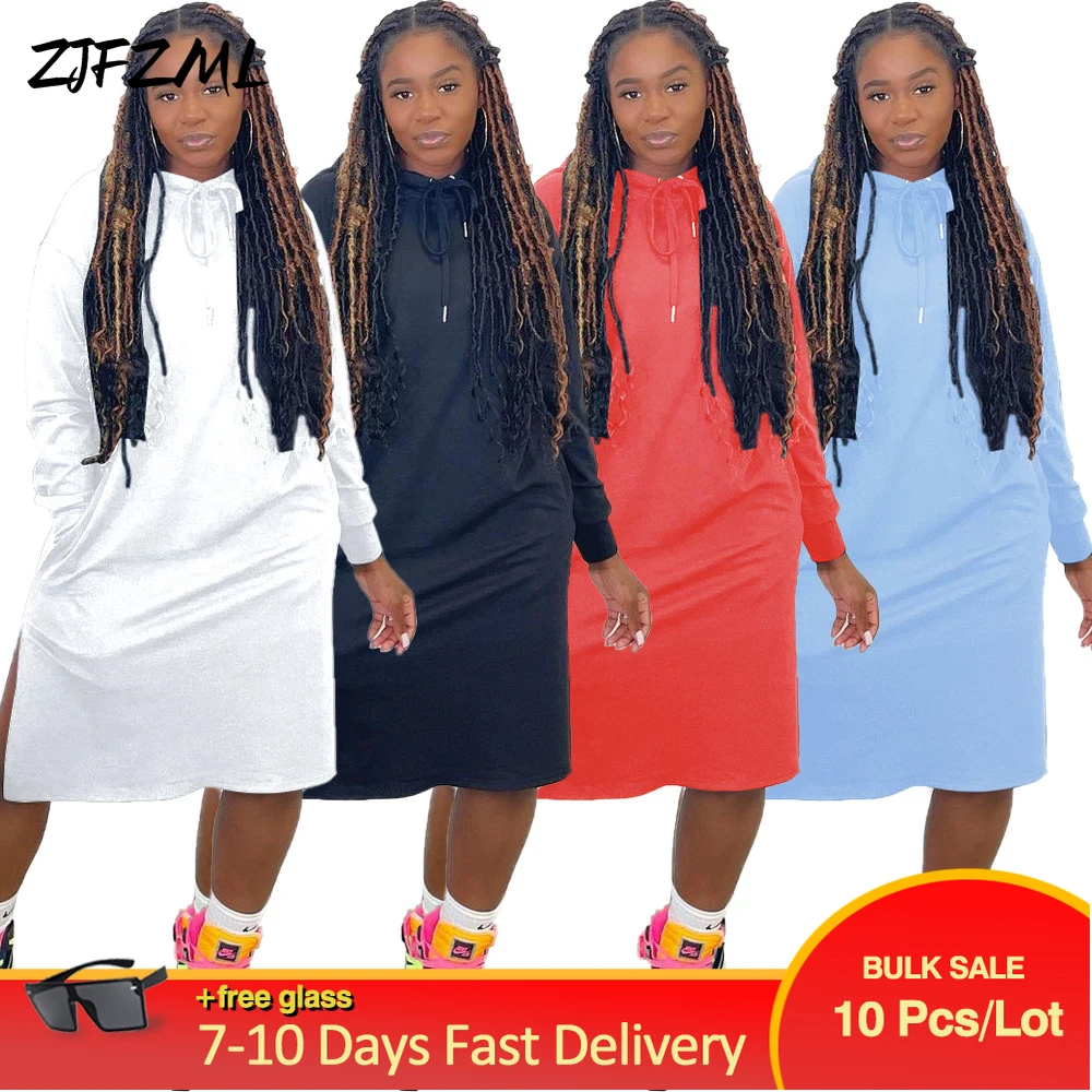 

Wholesale Bulk Items Lots Spring Autumn Solid Color Sweatshirt Dresses for Women High Street Drawstring Hooded Full Sleeve Dress