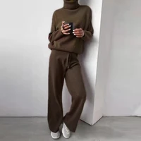 fashion long sleeve tops winter soft knitted lady 2 piece set turtleneck pullover topspants outfits autumn solid home suit