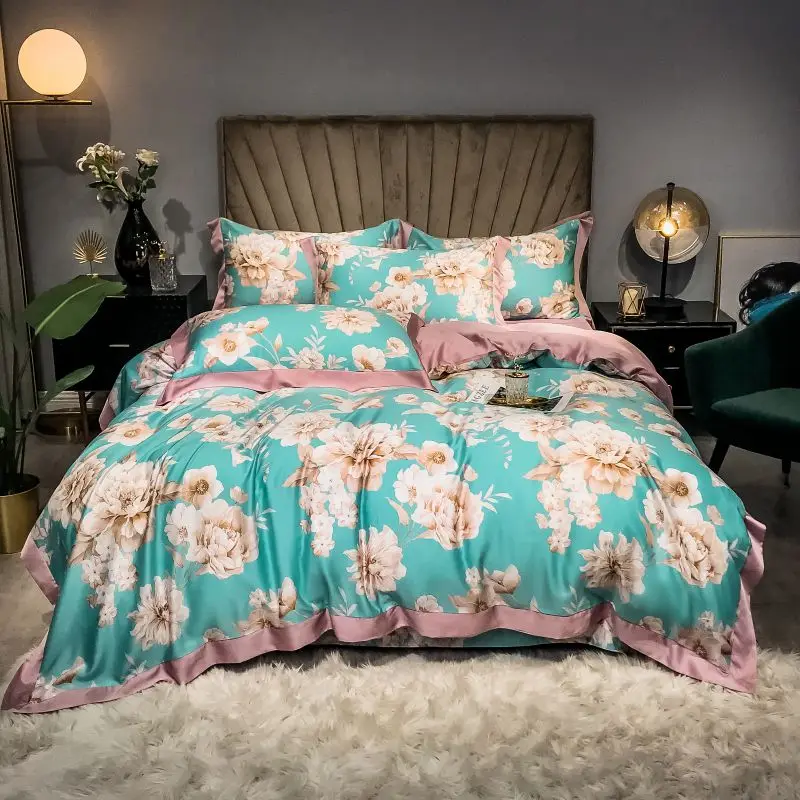 

French Country Garden Rose Floral Printed on White Duvet Quilt Cover 600TC Tencel Soft Bedding Set with Flat Sheet 2pillow shams