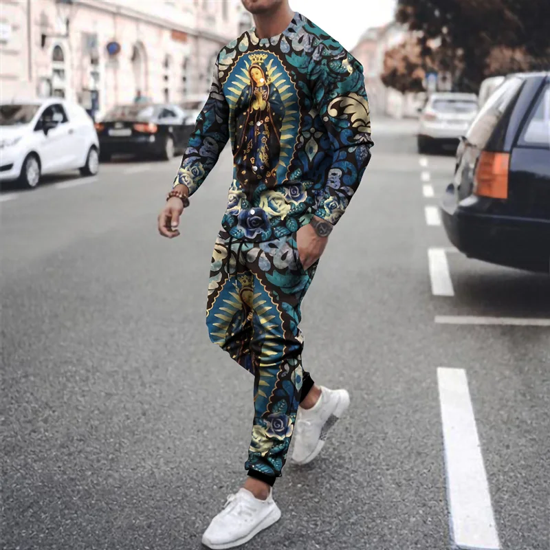 

Spring and Autumn New Printed Men's Fashion 3D Oil Painting Character Splicing Casual Sportswear Men's Suit