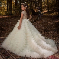 2022 elegant flower girl dresses for weddings cap sleeves tulle lace ball gown tiered long first communion dresses little girl