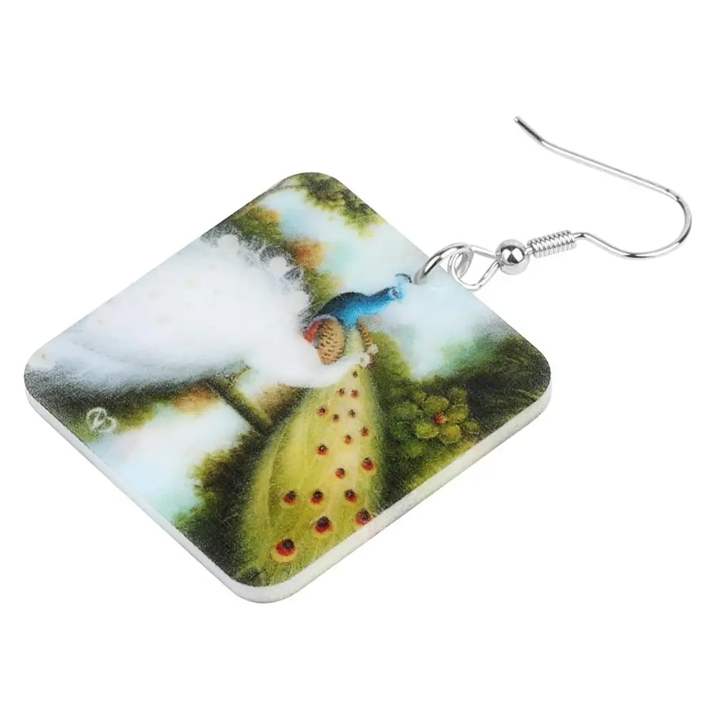 WEVENI Acrylic Square Peacock Peafowl Earrings Printing Big Wild Bird Animal Dangle Drop Jewelry For Women Girls Kid Trendy Gift | Украшения