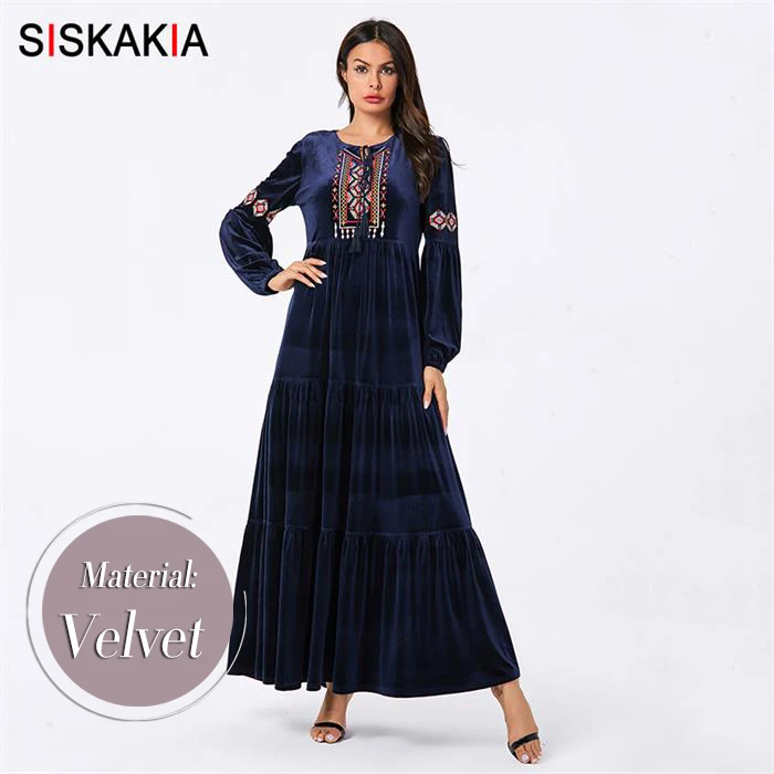 Navy Blue dress Бархатное Свободное длинное платье с этнической вышивкой, мусульманские платья с длинным рукавом, осень, арабское платье темно-синего цвета размера плюс - Цвет: Navy Blue dress
