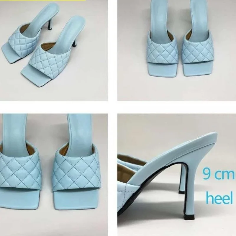 

2021 Women Slippers Ladies Sandals Brand Design Women Elegant Square Sandaly Toe Thin High Heels 9CM Summer Outdoor Beach Shoes