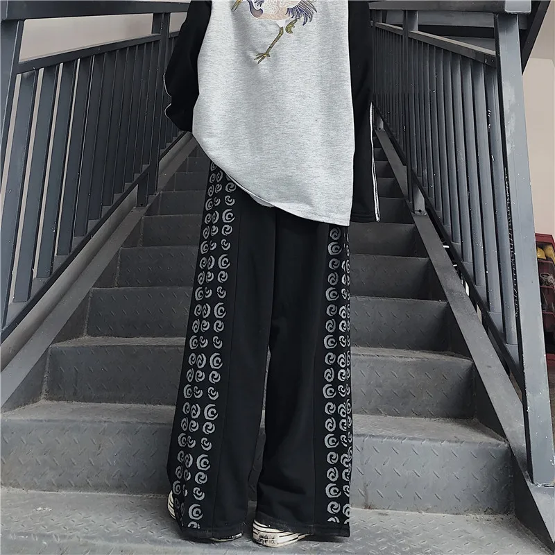 

harajuku Women's Clothing hip hop Embroidery Straight long Pants ulzzang loose spring fall casual elashtic waist Capris black