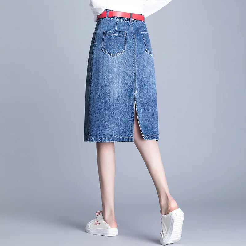 Летняя джинсовая женская юбка с высокой талией и карманами Повседневная тонкая