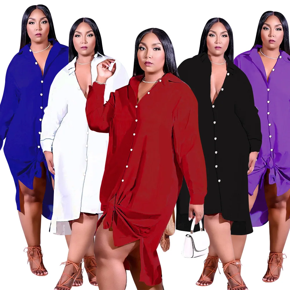

4xl 5xl Women Plus Size Clothes Pure Color Long Sleeve Autumn Irregular Lapel Loose Shirt Midi Dress Sexy Wholesale Dropshipping