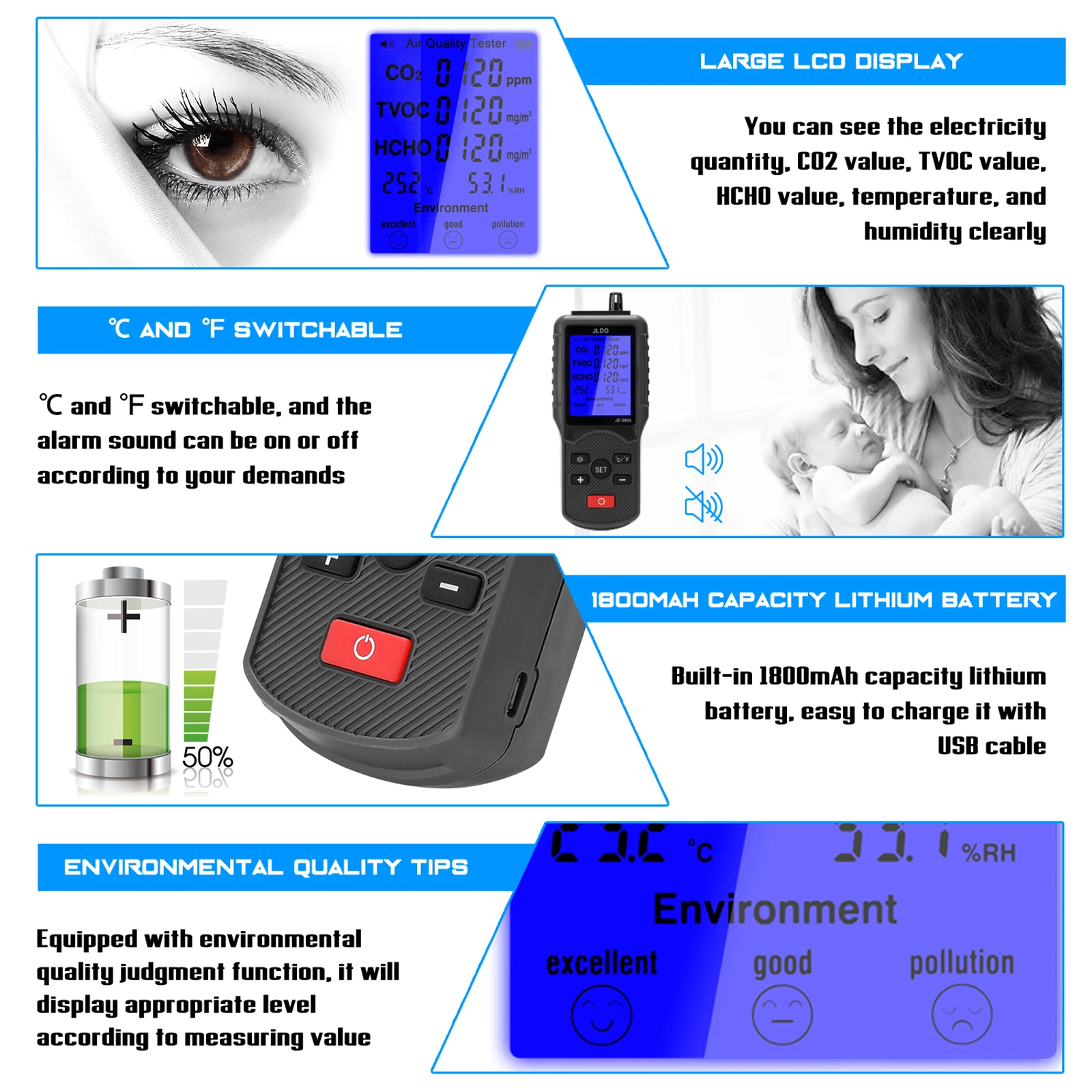 

Multifunctional Air Quality Tester CO2 TVOC Meter Temperature Humidity Measuring Device Carbon Dioxide Monitor WIth LCD Screen