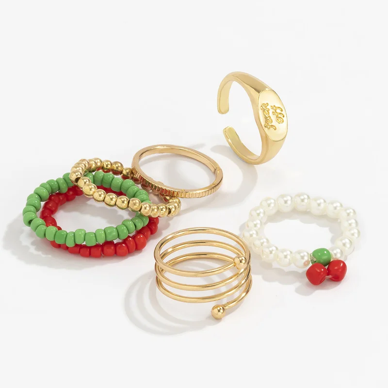 

7 Piece Set Hollow Geometric Twisted Chunky Open Rings for Women Ladies Multicolour Beaded Charm Rings Stylish Accessories