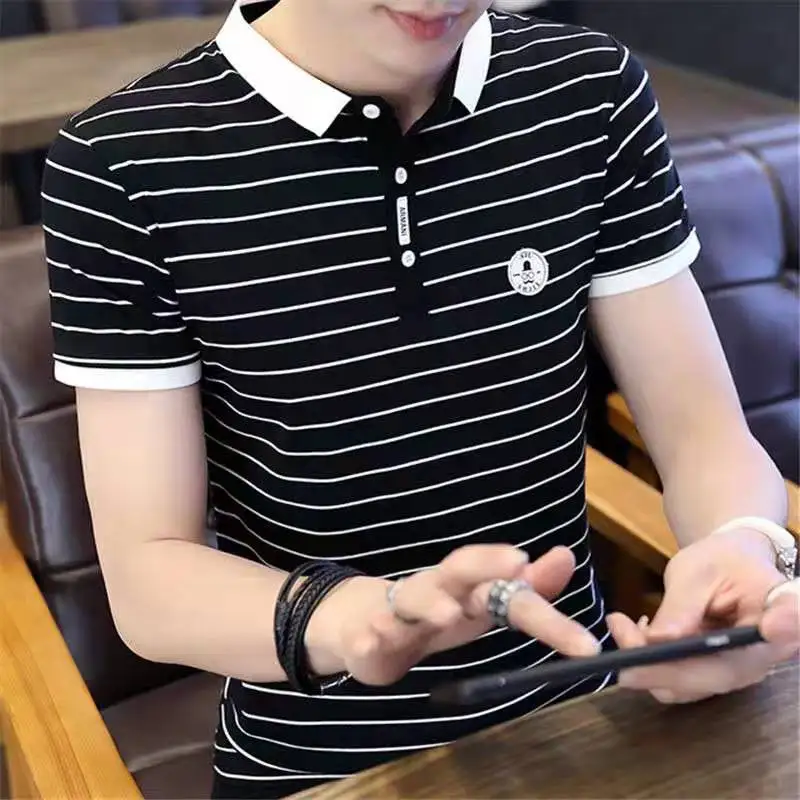 

95% Cotton Summer Men's Cotton Short Sleeve T-Shirt New Korean Polo Shirt Youth Stripe Fashion Top B008
