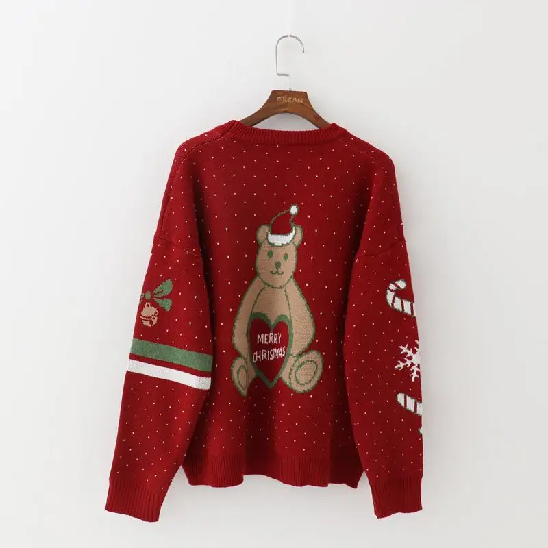 Осенне-зимний женский красный Рождественский свитер с круглым вырезом и