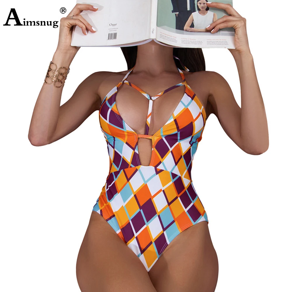 

Women Halter One Piece Swimsuit High Cut Bathing Suit Fashion Plaid Onesie Bodysuit Sexy V-neck Monokini Swimwear Clothing 2021