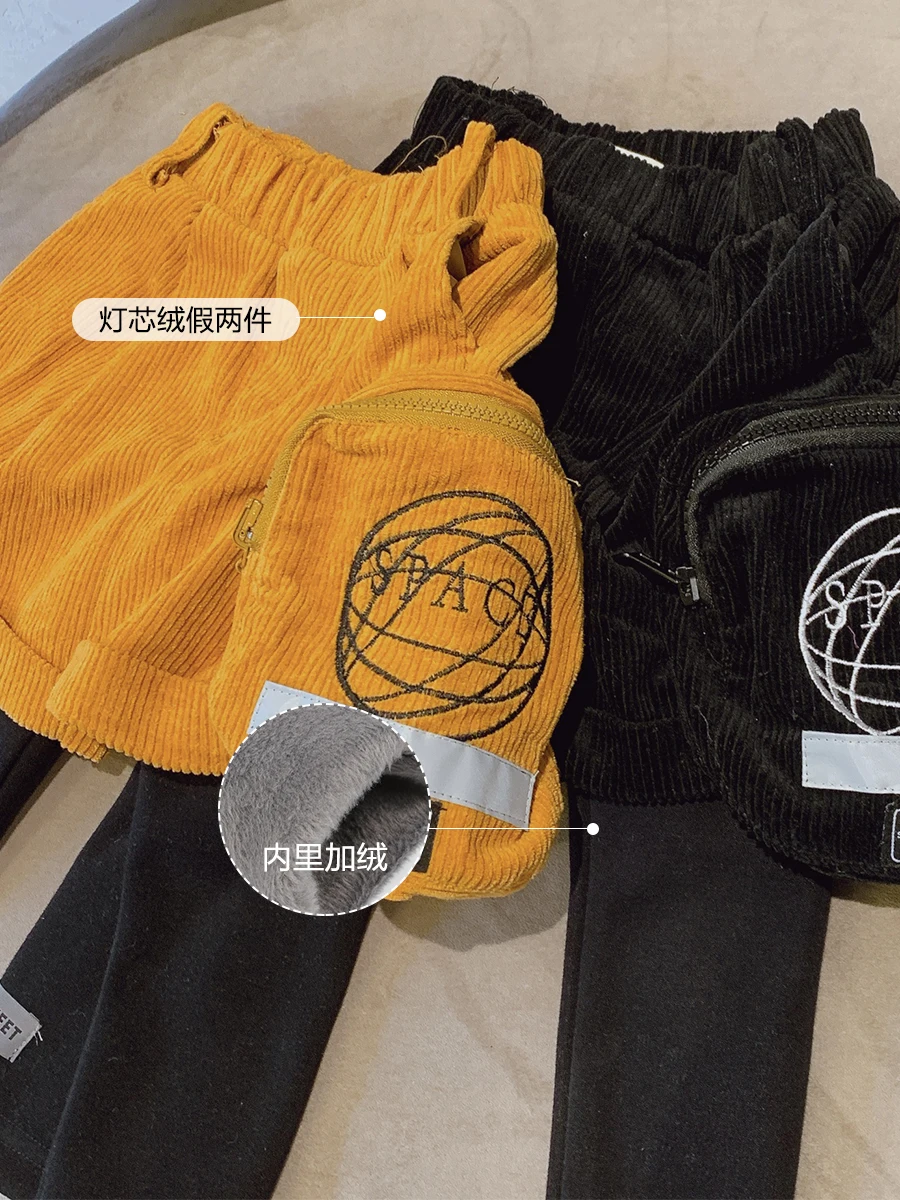 

Boys' Corduroy Fake Two-Piece Children's Leggings Fashion 2020 New Winter Korean-Style Thick Warm Handsome Pants