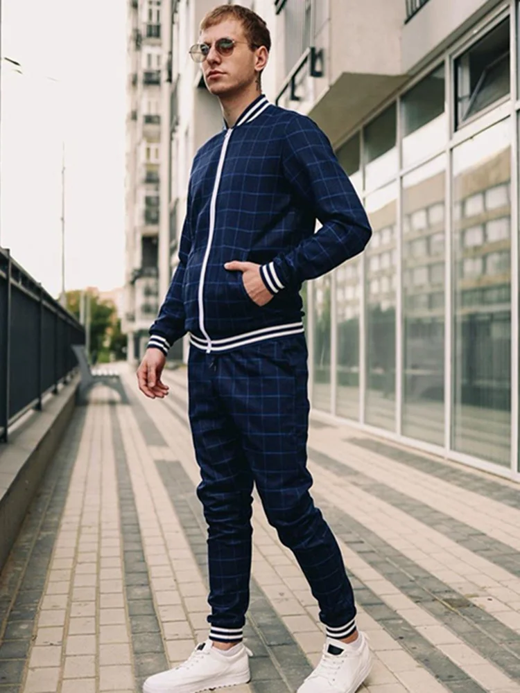

Europe United States Casual Sportswear Suits Autumn New Stand-Up Collar Zipper Cardigan Jacket Grid Sweatpants Men's Clothing