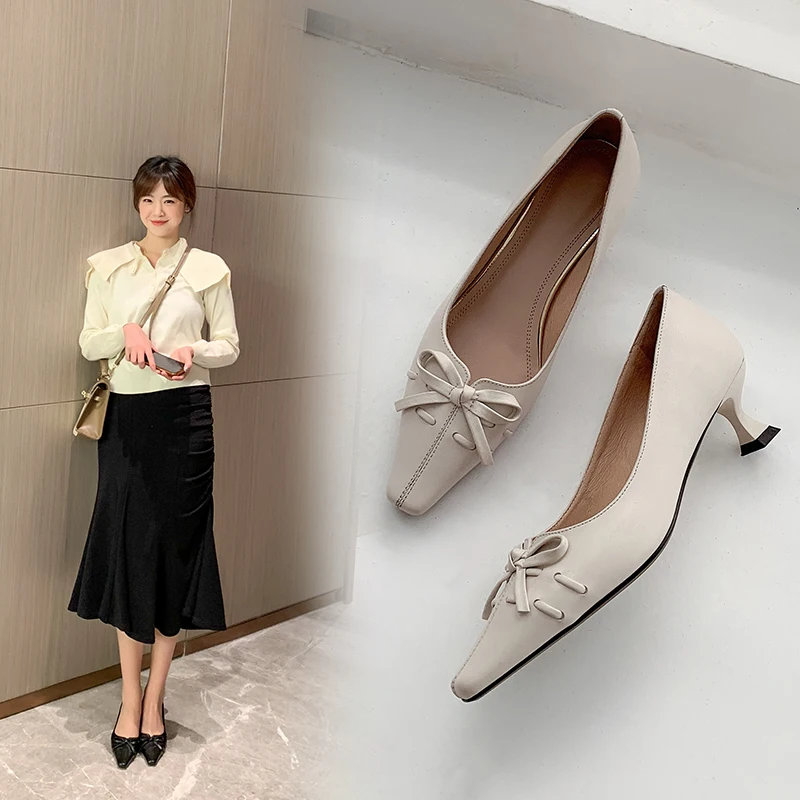 

2021 Spring Genuine Leather Women Shoes Comfort Spike Heels Shallow High Quality Stiletto Shoes Elegant Noble Pumps Plus Size 43