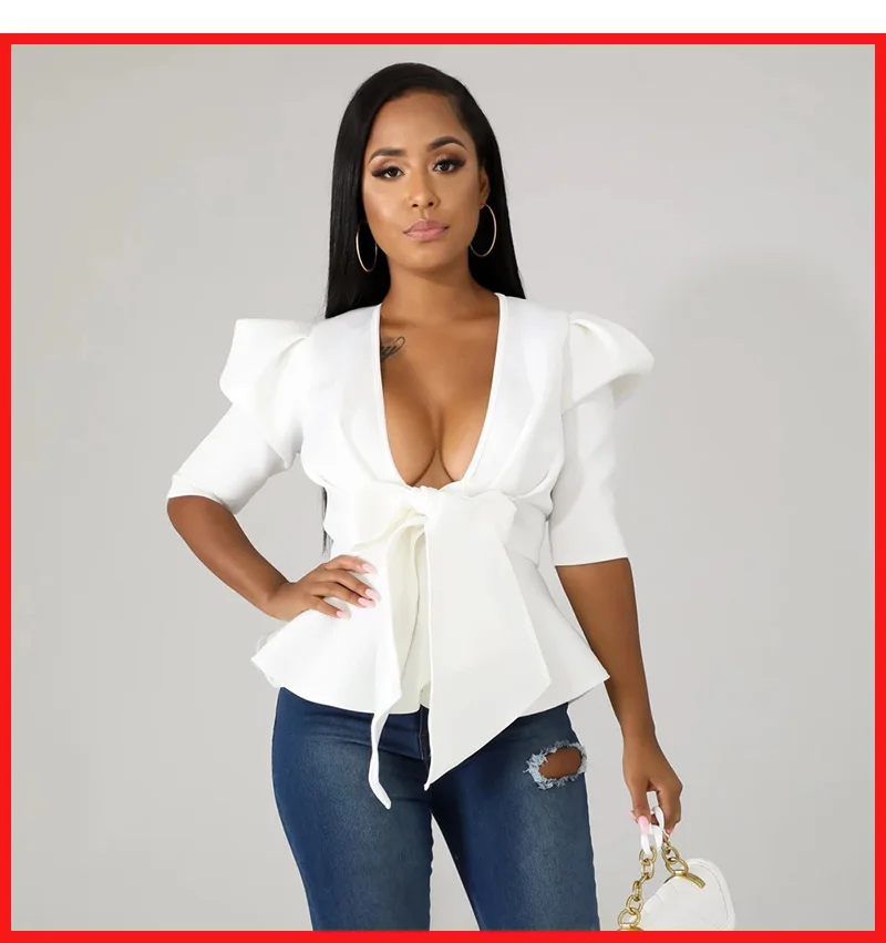 Stigende Half Sleeve Sexy Deep V Neck Bow Blouse Women Summer Casual Solid Color Ruffle Blouse Elegant Bandage Crop Blouse Top