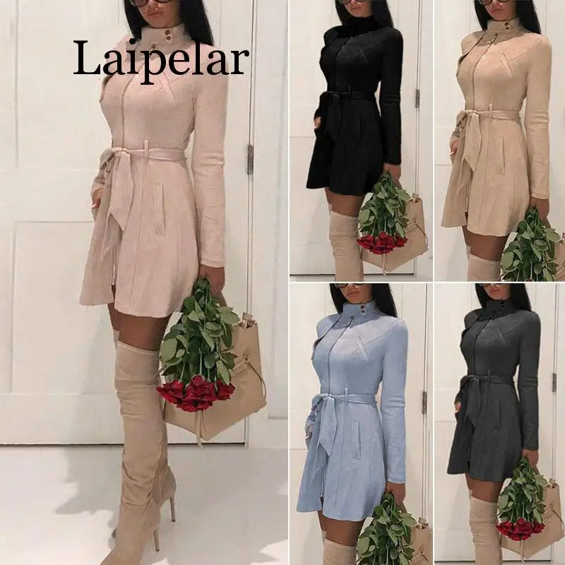

Laipelar Autumn Women Casual sash suede trench coat Casual leather pocket long women autumn coat Winter warm outwear overcoat fe
