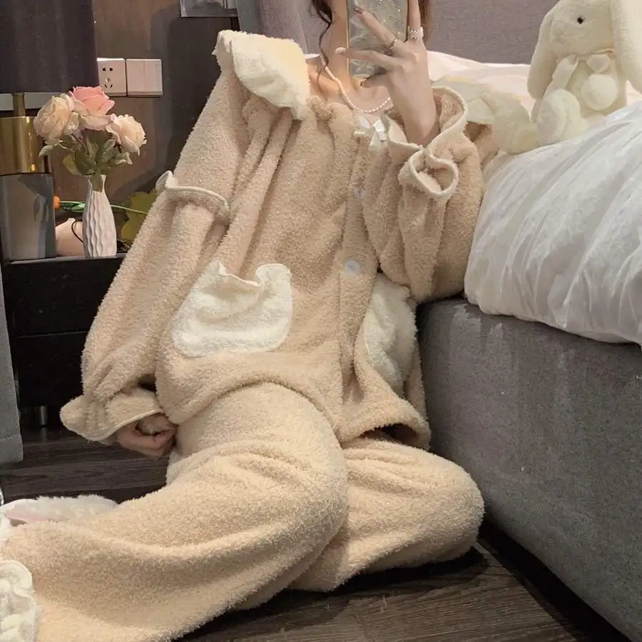 Sweet Plush Pajamas Winter Women's New Ruffled Sweet Princess Home Clothes Two-piece Set  Pajamas for Teen Girls