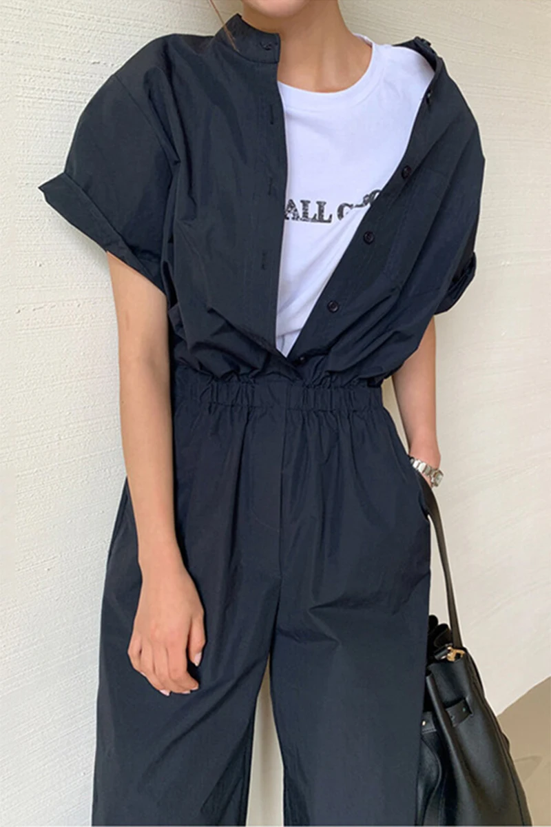 

Korean Chic Jumpsuit Women Loose Long Rompers Summer Solid Pockets Cargo Pants Female Casual Work Out Playsuits 2021 XC859