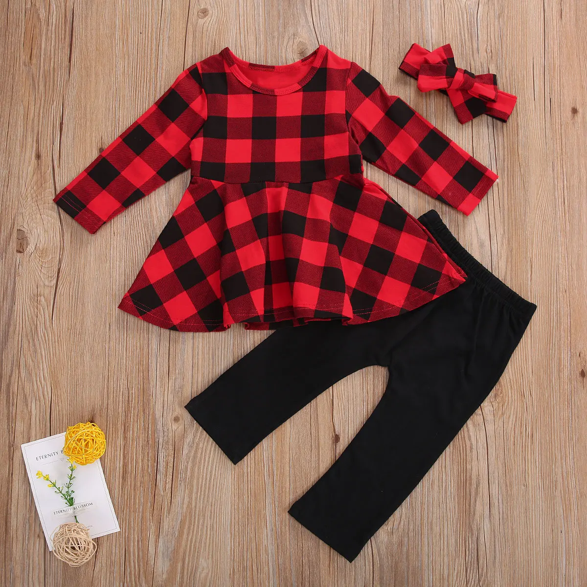 

3PCS Baby Girls Suit Red Plaid Round Neck Long Sleeve Top Elastic Waist Trouser with Headband for 1-5 Y Toddlers