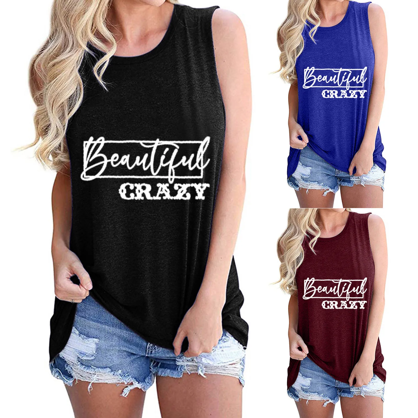 

Women Top Letter Printing Sleeveless O-neck Vest Tank Shirt Tunic Blouse Tops Casual Haut Femme Tops For Girls Streetwear 2021
