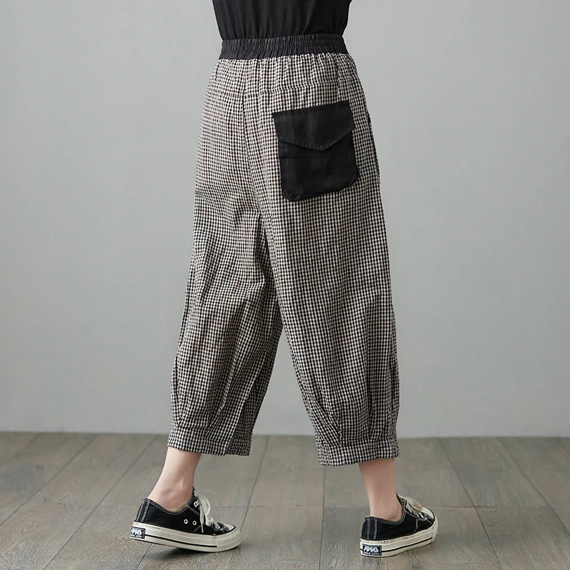 

Art Retro Plaid Casual Pants Women's Summer Wear Elastic Waistband Slimming Wide Leg Pants Loose All-Matching Cotton Linen Capri