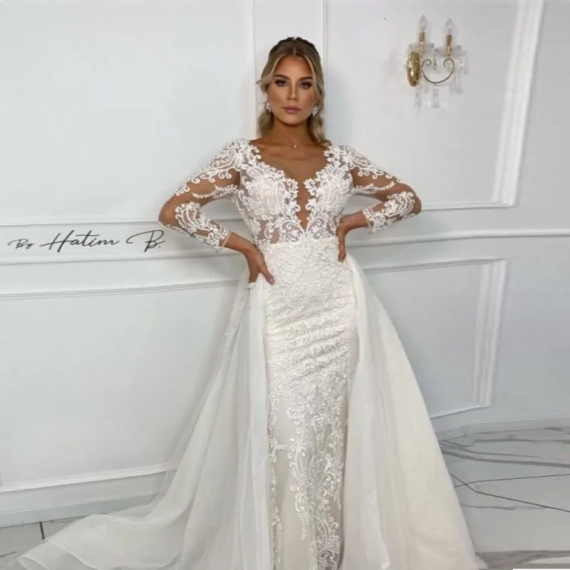 

Gorgrous Detachable Train Wedding Dresses Sheer Neck Lace Long Sleeves Mermaid Bridal Gowns Low Back Vestido De Novia 2021
