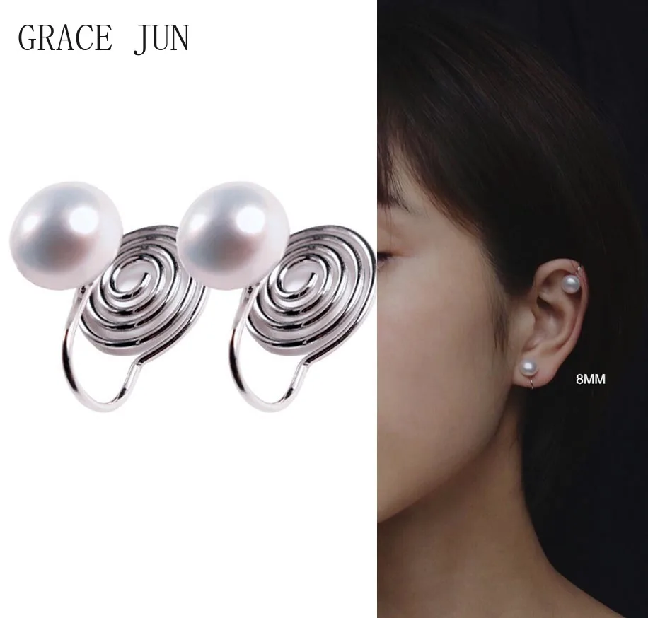 

GRACE JUN Silver Plated Freshwater Pearl Mosquito Coil Clip on Earrings Women Popular Party Birthday Ear Cuff Earring Ear Clip