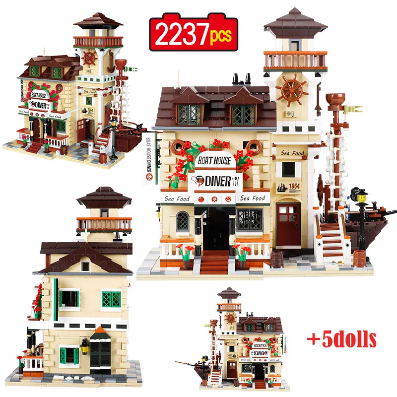 

2237Pcs City Fisherman Houseboat Restaurant Building Blocks Friends Observation Tower Figures Bricks Toys For Children Gifts