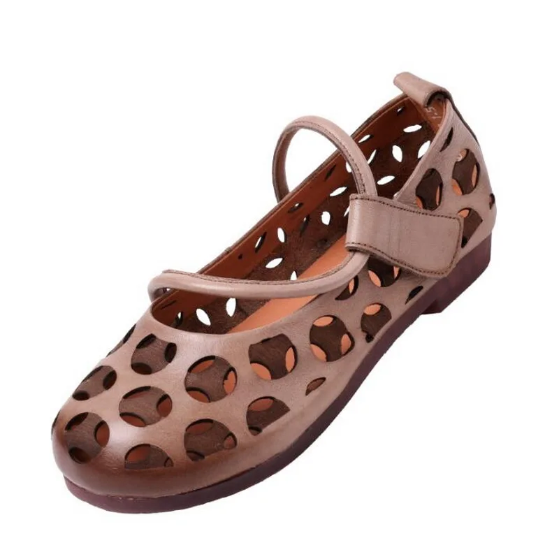 Spring Summer Women Shoes Genuine Leather Flat Shoes Woman Flats Hollow Breathable Hook&Loop Casual Comfortable Shoes