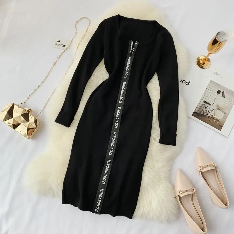 YornMona Women Designer Casual Dress Letter Zipper O-neck Knitted Bodycon Dress Winter Elegant Ladies Office Dress Vestidos