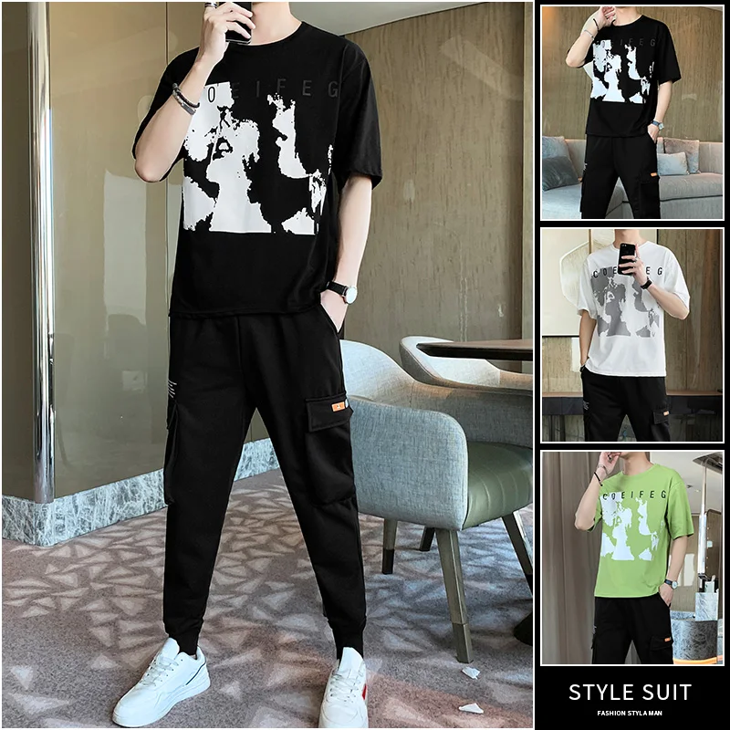 

Summer Mens Sets Short Sleeve Print Tracksuit Men Sportswear Casual 2 Pieces Set T-Shirt+pants Male Clothes Street Hip Hop Suits