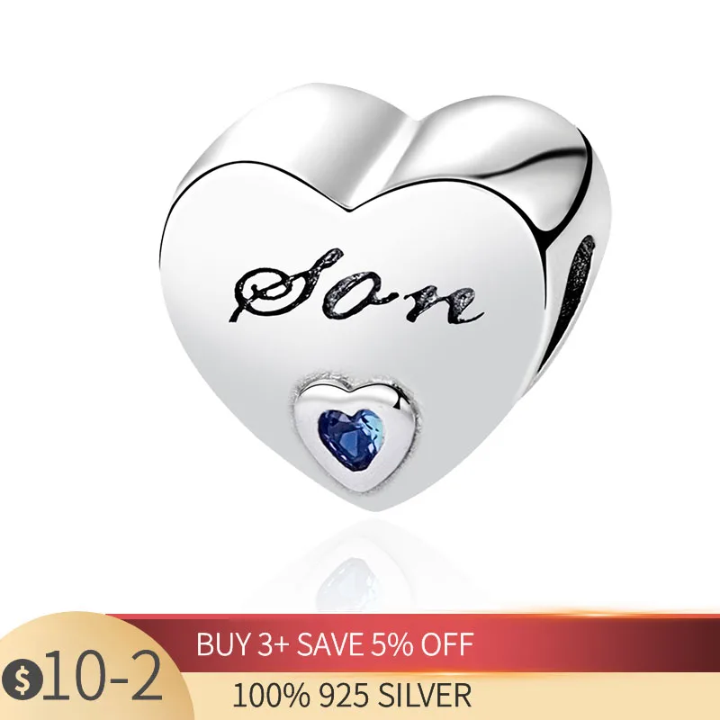 

New Original 925 Sterling Silver Color Heart Shape Son diy Bead Fit European Pandora Charms Bracelet Bangles Diy Jewelry