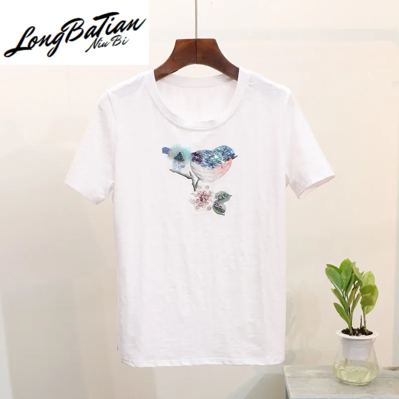 

Костюм женский джинсовый из двух предметов, футболка с коротким рукавом и блестками, с птицами и бисером, Топ в стиле Харадзюку, комплект из ...