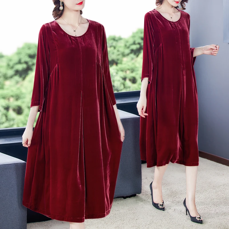

2021 Elegant Vintage Loose Red Gold Velvet Midi Dress Autumn Winter Casual Solid 4XL Plus Size Dress Women Bodycon Party Classy