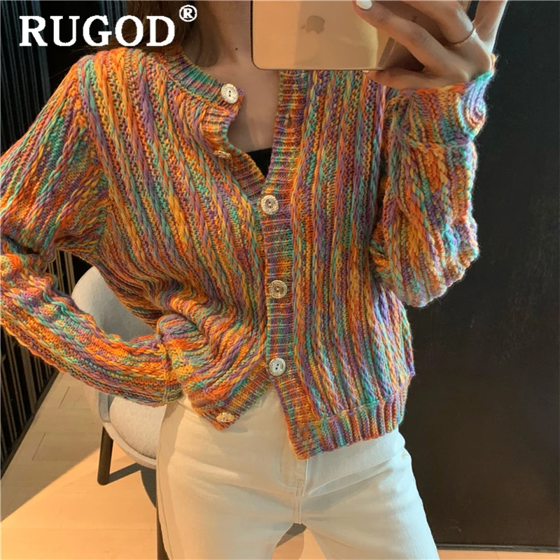 

RUGOD корейский Шикарный разноцветный кардиган, свитер для женщин, модный однобортный вязаный свитер, пальто для женщин Harajuku, витая вязаная од...
